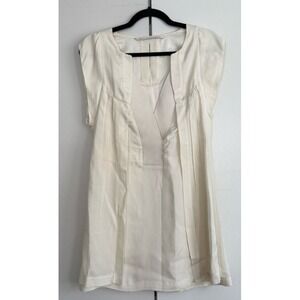 Twelfth Street by Cynthia Vincent Cream Pleated Silk Blend V-Neck Tunic Top